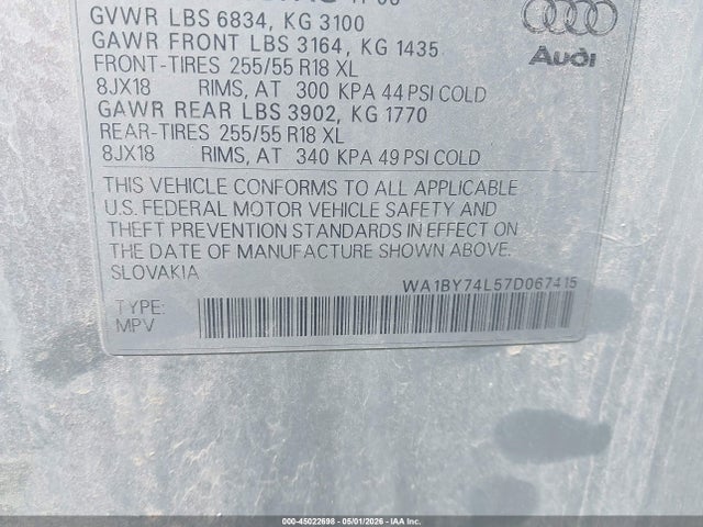 45022698 :رقم المزاد ، WA1BY74L57D067415 vin ، 2007 Audi Q7 3.6 Premium مزاد بيع