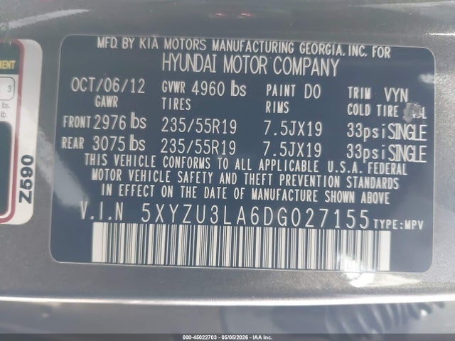 Aukcja sprzedaży 2013 Hyundai Santa Fe Sport 2.0t, vin: 5XYZU3LA6DG027155, numer aukcji: 45022703