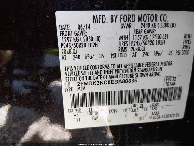 2FMDK3KC8EBA88835 Ford Edge Limited