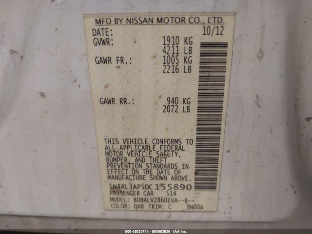 Продажа на аукционе авто 2013 Nissan Altima 2.5 Sl, vin: 1N4AL3AP5DC155890, номер лота: 45022714