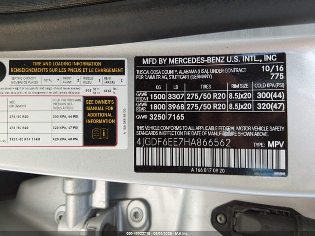 Aukcja sprzedaży 2017 Mercedes-benz Gls 450 4matic, vin: 4JGDF6EE7HA866562, numer aukcji: 45022715