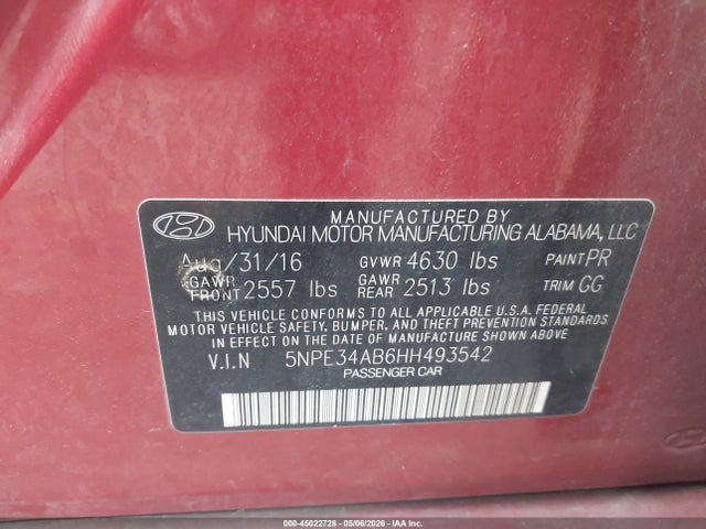 Продажа на аукционе авто 2017 Hyundai Sonata Limited 2.0t, vin: 5NPE34AB6HH493542, номер лота: 45022728