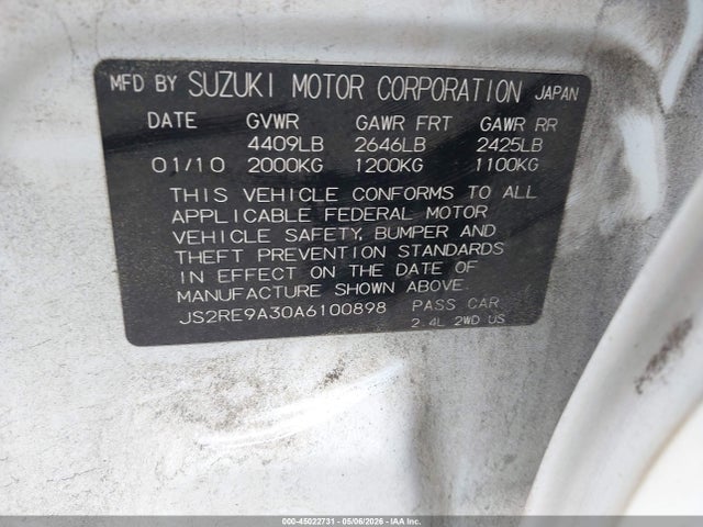 2010 Suzuki Kizashi Se მანქანა იყიდება აუქციონზე, vin: JS2RE9A30A6100898, აუქციონის ნომერი: 45022731