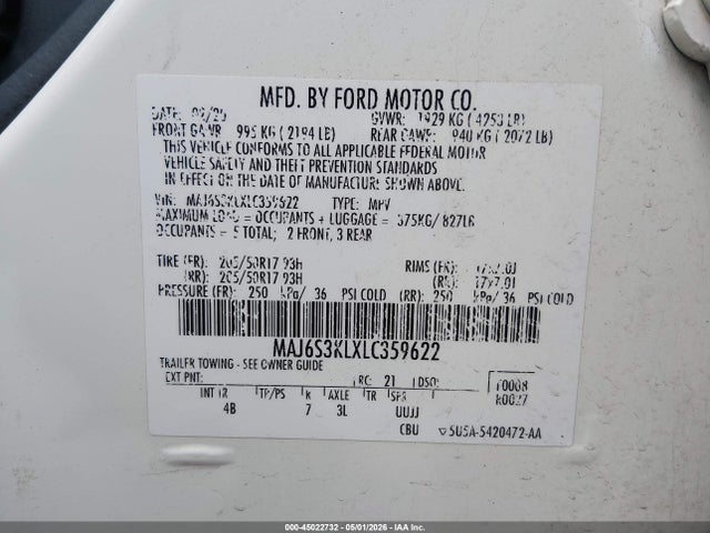 2020 Ford Ecosport Titanium მანქანა იყიდება აუქციონზე, vin: MAJ6S3KLXLC359622, აუქციონის ნომერი: 45022732