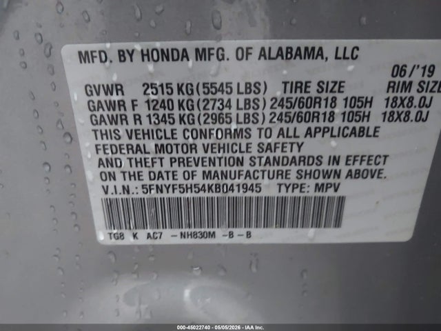 Продажа на аукционе авто 2019 Honda Pilot Ex-l, vin: 5FNYF5H54KB041945, номер лота: 45022740