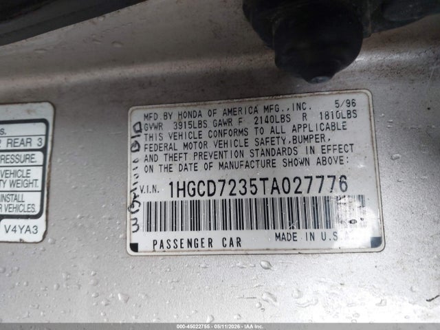 45022755 :رقم المزاد ، 1HGCD7235TA027776 vin ، 1996 Honda Accord Lx مزاد بيع
