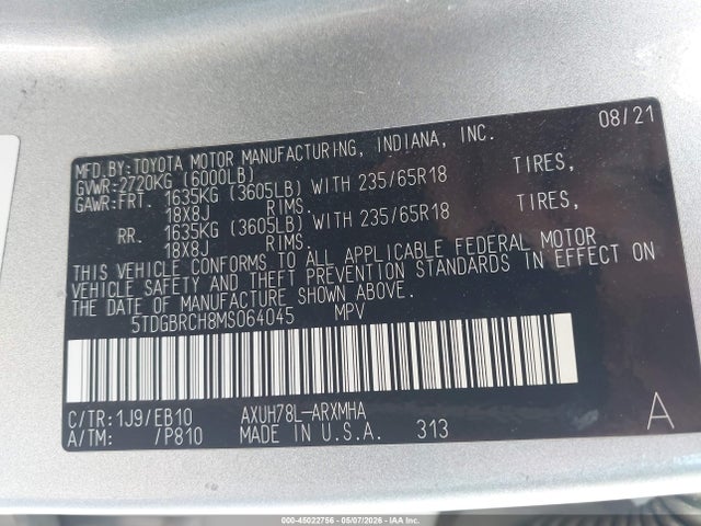 5TDGBRCH8MS064045 Toyota Highlander Hybrid Xle