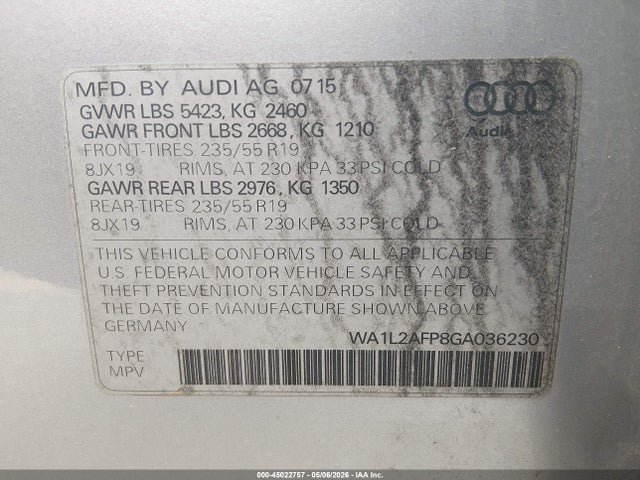 Продажа на аукционе авто 2016 Audi Q5 2.0t Premium, vin: WA1L2AFP8GA036230, номер лота: 45022757