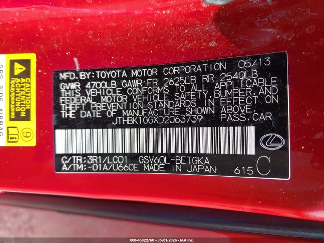 2013 Lexus Es 350 მანქანა იყიდება აუქციონზე, vin: JTHBK1GGXD2063739, აუქციონის ნომერი: 45022760