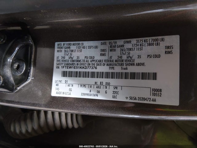 1FTEW1E51KKD77376 Ford F-150 Xl