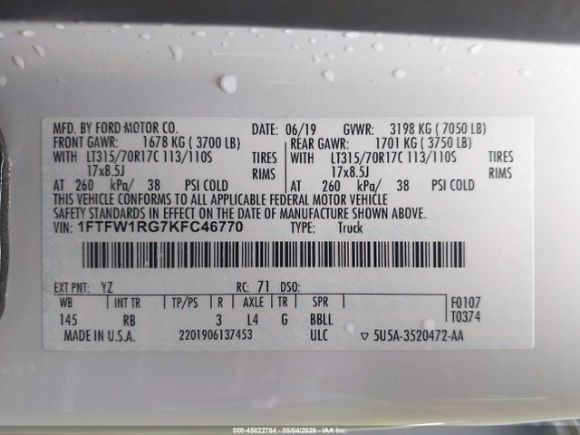 Продажа на аукционе авто 2019 Ford F-150 Raptor, vin: 1FTFW1RG7KFC46770, номер лота: 45022764