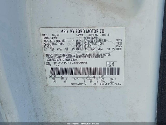 Продажа на аукционе авто 2012 Ford F-150 Xlt, vin: 1FTFX1CF7CKE09648, номер лота: 45022770