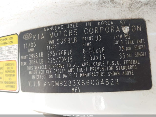 2006 Kia Sedona Ex/lx მანქანა იყიდება აუქციონზე, vin: KNDMB233X66034823, აუქციონის ნომერი: 45022776