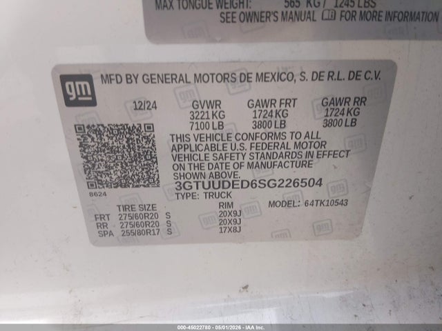 45022780 :رقم المزاد ، 3GTUUDED6SG226504 vin ، 2025 Gmc Sierra 1500 مزاد بيع