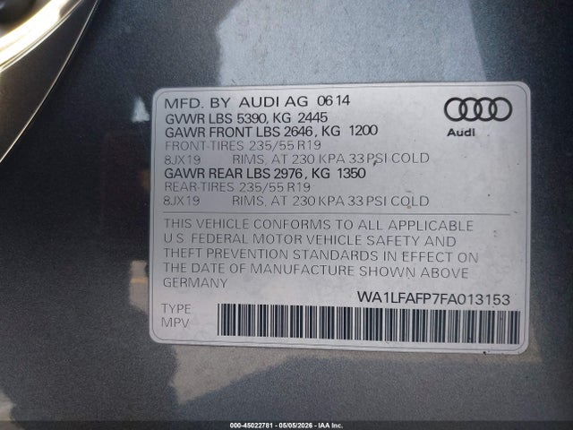 2015 Audi Q5 2.0t Premium მანქანა იყიდება აუქციონზე, vin: WA1LFAFP7FA013153, აუქციონის ნომერი: 45022781