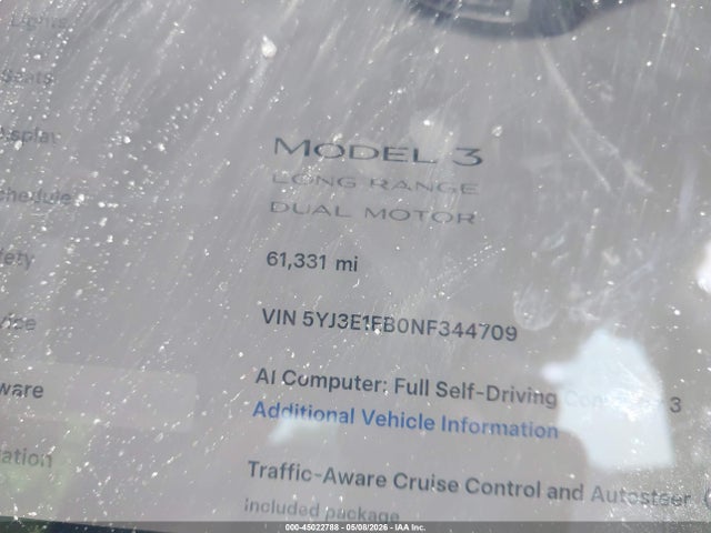 45022788 :رقم المزاد ، 5YJ3E1EB0NF344709 vin ، 2022 Tesla Model 3 Long Range Dual Motor All-wheel Drive مزاد بيع