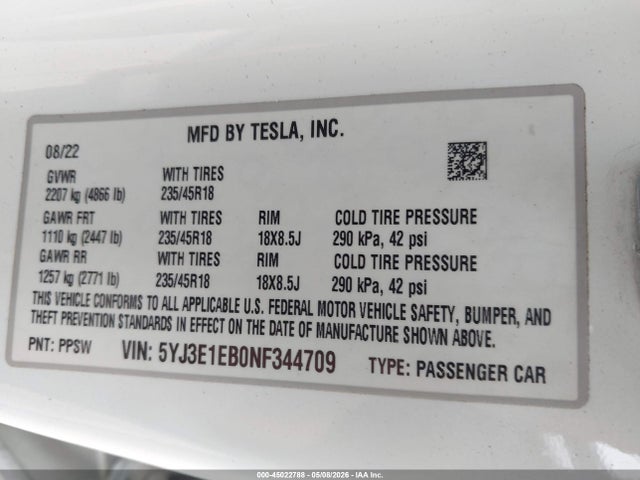 45022788 :رقم المزاد ، 5YJ3E1EB0NF344709 vin ، 2022 Tesla Model 3 Long Range Dual Motor All-wheel Drive مزاد بيع