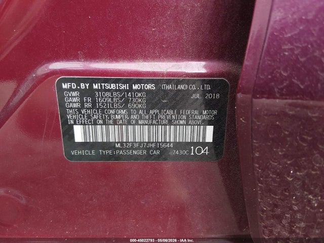 45022793 :رقم المزاد ، ML32F3FJ7JHF15644 vin ، 2018 Mitsubishi Mirage G4 Es مزاد بيع