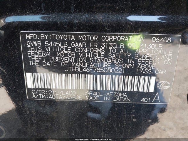 Aukcja sprzedaży 2008 Lexus Ls 460, vin: JTHBL46F785080221, numer aukcji: 45022801