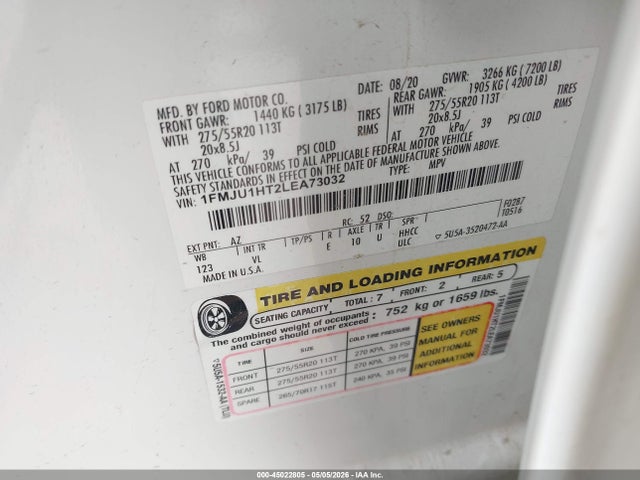 45022805 :رقم المزاد ، 1FMJU1HT2LEA73032 vin ، 2020 Ford Expedition Xlt مزاد بيع