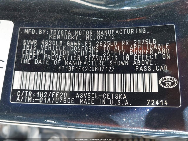 Aukcja sprzedaży 2012 Toyota Camry Se, vin: 4T1BF1FK2CU607127, numer aukcji: 45022811