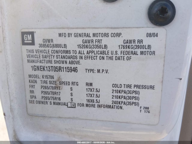 45022817 :رقم المزاد ، 1GNEK13T05R115946 vin ، 2005 Chevrolet Tahoe Z71 مزاد بيع