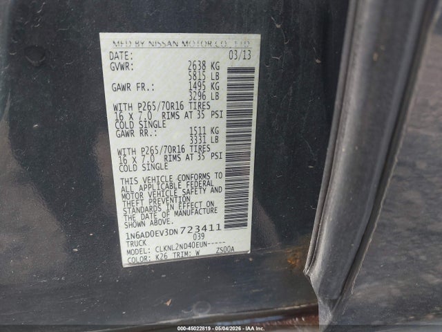 45022819 :رقم المزاد ، 1N6AD0EV3DN723411 vin ، 2013 Nissan Frontier Sv مزاد بيع