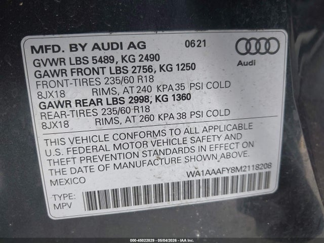 WA1AAAFY8M2118208 Audi Q5 Premium 45 Tfsi Quattro S Tronic