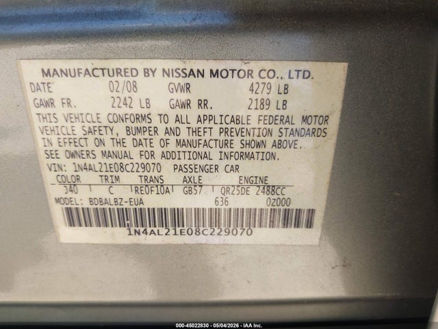 45022830 :رقم المزاد ، 1N4AL21E08C229070 vin ، 2008 Nissan Altima 2.5 S مزاد بيع