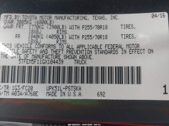 Продажа на аукционе авто 2016 Toyota Tundra Sr5 4.6l V8, vin: 5TFEM5F11GX104439, номер лота: 45022831