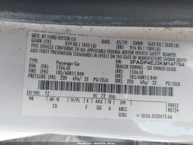 Продаж на аукціоні авто 2019 Ford Fiesta Se, vin: 3FADP4EJ3KM147764, номер лоту: 45022837