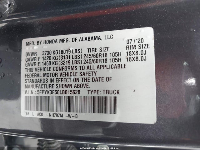 45022844 :رقم المزاد ، 5FPYK3F50LB015628 vin ، 2020 Honda Ridgeline Awd Rtl مزاد بيع