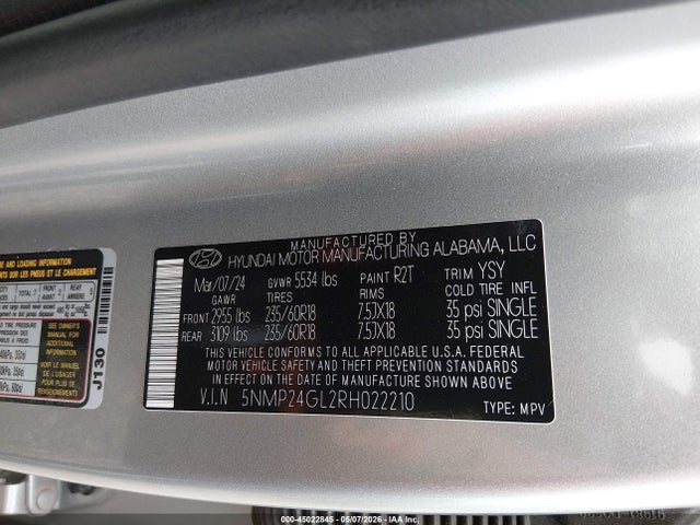 45022845 :رقم المزاد ، 5NMP24GL2RH022210 vin ، 2024 Hyundai Santa Fe Sel مزاد بيع