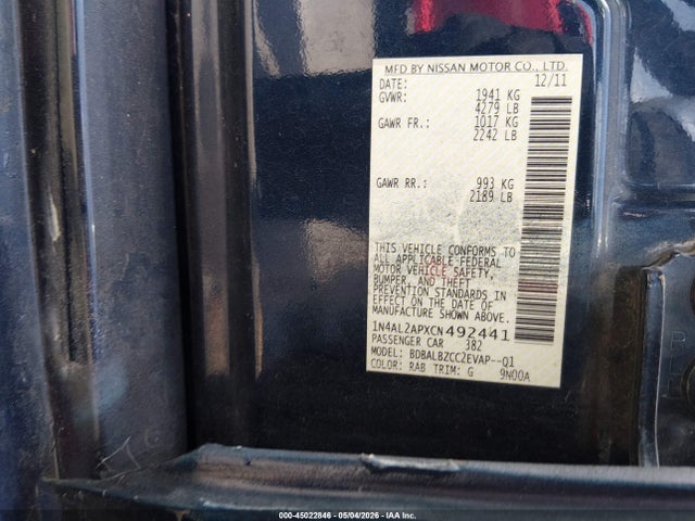 2012 Nissan Altima 2.5 S მანქანა იყიდება აუქციონზე, vin: 1N4AL2APXCN492441, აუქციონის ნომერი: 45022846