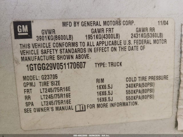 Продажа на аукционе авто 2005 Gmc Savana Standard, vin: 1GTGG29V051170607, номер лота: 45022850