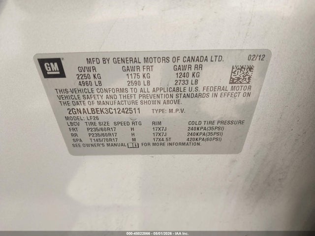 Aukcja sprzedaży 2012 Chevrolet Equinox Ls, vin: 2GNALBEK3C1242511, numer aukcji: 45022866