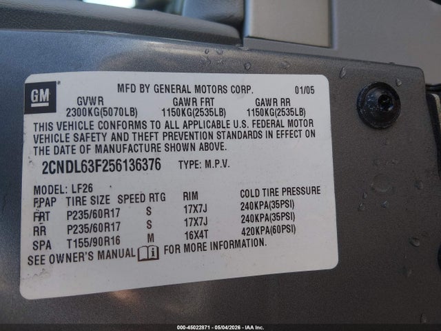 Продаж на аукціоні авто 2005 Chevrolet Equinox Lt, vin: 2CNDL63F256136376, номер лоту: 45022871