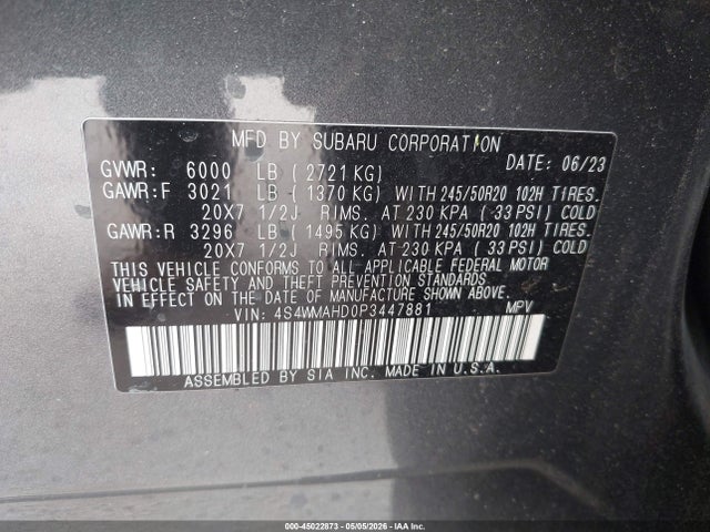 Aukcja sprzedaży 2023 Subaru Ascent Onyx Edition 7-passenger, vin: 4S4WMAHD0P3447881, numer aukcji: 45022873