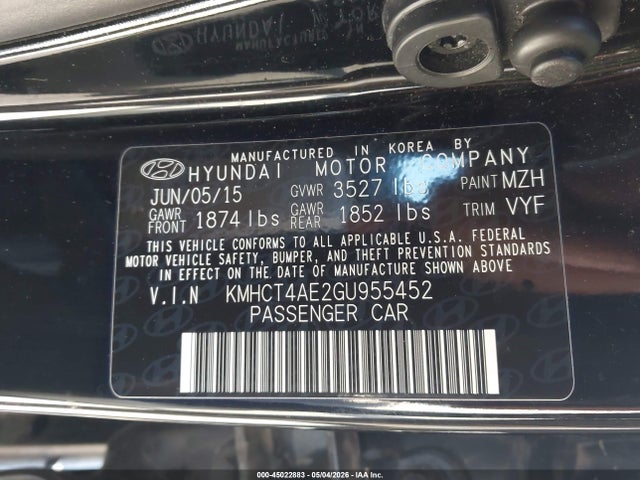 2016 Hyundai Accent Se მანქანა იყიდება აუქციონზე, vin: KMHCT4AE2GU955452, აუქციონის ნომერი: 45022883