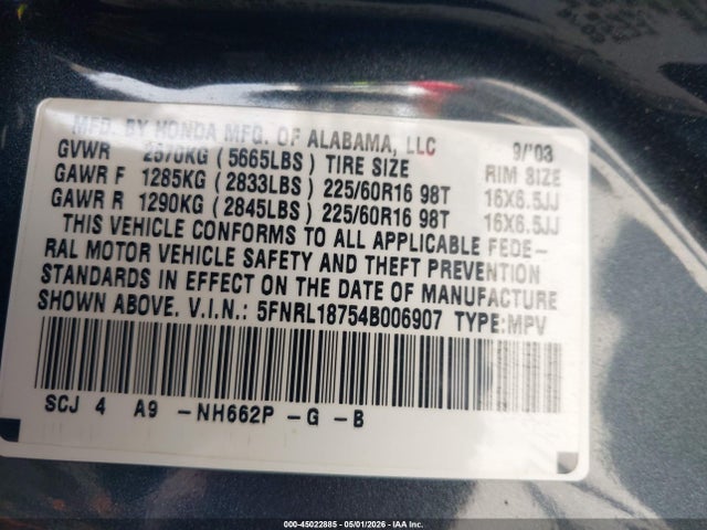 2004 Honda Odyssey Ex-l მანქანა იყიდება აუქციონზე, vin: 5FNRL18754B006907, აუქციონის ნომერი: 45022885