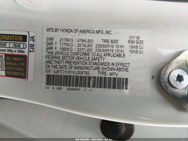 Aukcja sprzedaży 2019 Acura Rdx Technology Package, vin: 5J8TC1H51KL004782, numer aukcji: 45022891