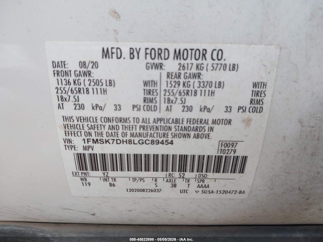 45022898 :رقم المزاد ، 1FMSK7DH8LGC89454 vin ، 2020 Ford Explorer Xlt مزاد بيع