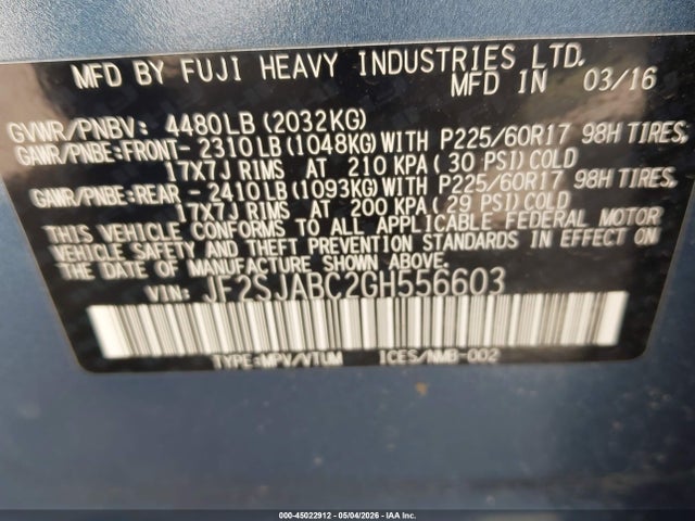 Aukcja sprzedaży 2016 Subaru Forester 2.5i, vin: JF2SJABC2GH556603, numer aukcji: 45022912
