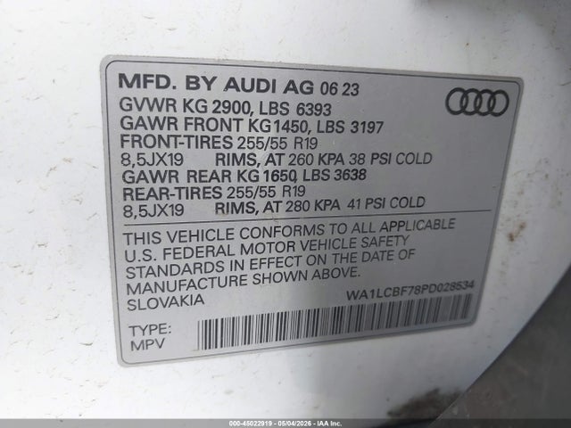45022919 :رقم المزاد ، WA1LCBF78PD028534 vin ، 2023 Audi Q7 Premium Plus 45 Tfsi Quattro Tiptronic مزاد بيع