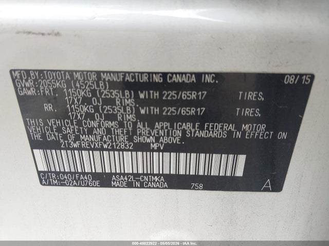 Продажа на аукционе авто 2015 Toyota Rav4 Xle, vin: 2T3WFREVXFW212832, номер лота: 45022922