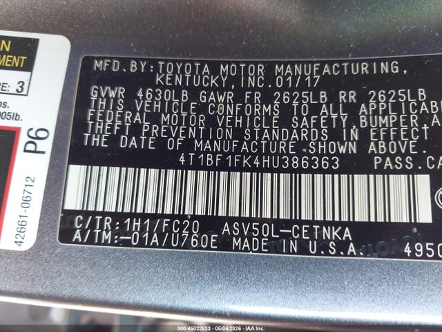 Продажа на аукционе авто 2017 Toyota Camry Le, vin: 4T1BF1FK4HU386363, номер лота: 45022933
