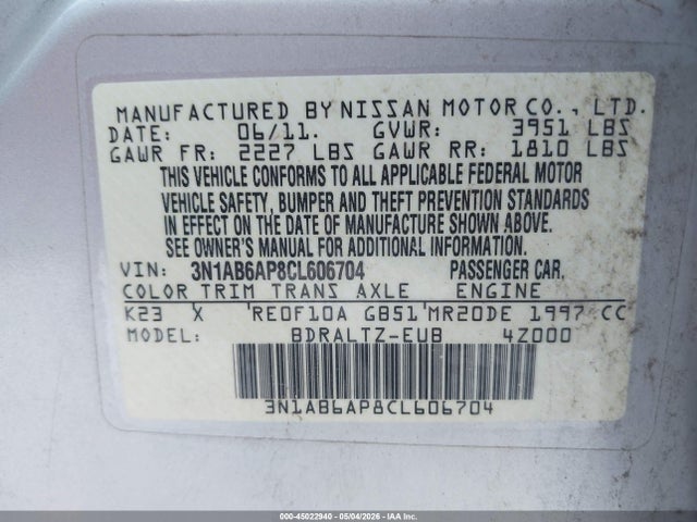 Продажа на аукционе авто 2012 Nissan Sentra 2.0 S, vin: 3N1AB6AP8CL606704, номер лота: 45022940