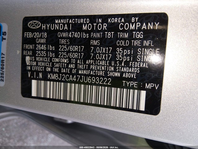 Aukcja sprzedaży 2018 Hyundai Tucson Se, vin: KM8J2CA47JU693222, numer aukcji: 45022943