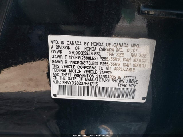 Aukcja sprzedaży 2007 Acura Mdx, vin: 2HNYD28227H517115, numer aukcji: 45022942
