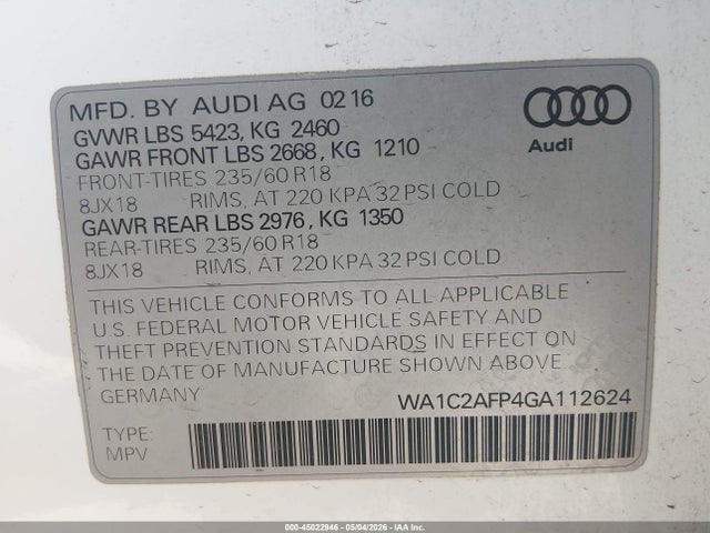 2016 Audi Q5 2.0t Premium მანქანა იყიდება აუქციონზე, vin: WA1C2AFP4GA112624, აუქციონის ნომერი: 45022946